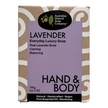 Load image into Gallery viewer, Lavender soap packaging with 'Australian Natural Soap Company' branding on a white background