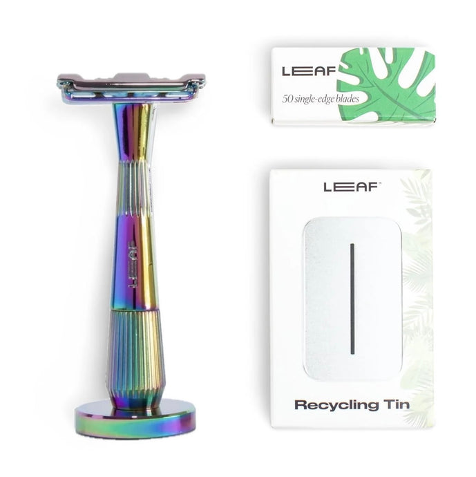 Multicolored safety razor with LEAF branding on packaging and recycling tin.