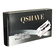 Load image into Gallery viewer, QShave titanium blade packaging with a black and silver design on a white background
