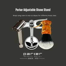 Load image into Gallery viewer, Parker ADJUSTABLE Deluxe Chrome Razor &amp; Brush Shave Stand
