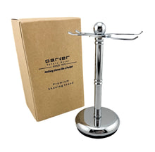 Load image into Gallery viewer, Parker ADJUSTABLE Deluxe Chrome Razor &amp; Brush Shave Stand
