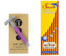 Load image into Gallery viewer, Parker Reusable 29L Safety Razor with Lavender Handle.   Black Friday Sale Special - Includes 100 Shark Super Chrome Blades.
