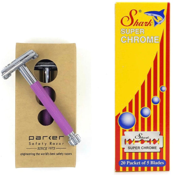 Parker Reusable 29L Safety Razor with Lavender Handle.   Black Friday Sale Special - Includes 100 Shark Super Chrome Blades.