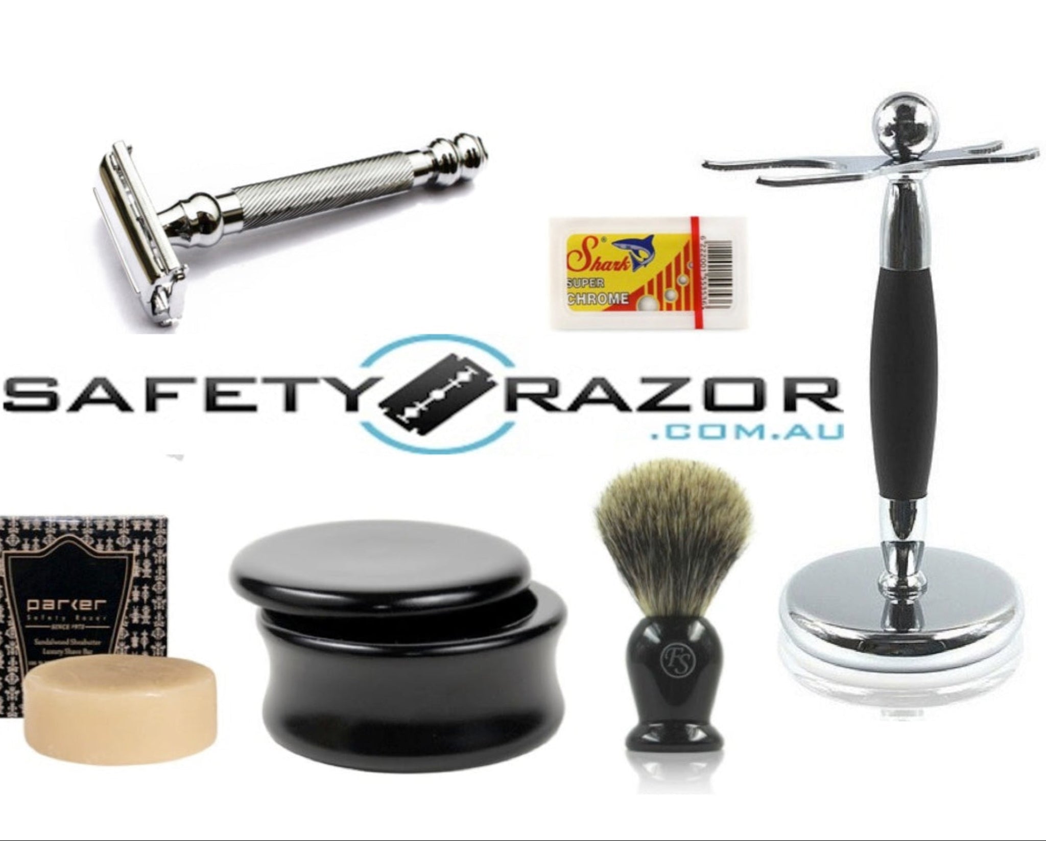 Parker 99R Safety Razor, Blades, Stand, Wooden Bowl, Soap and Badger H