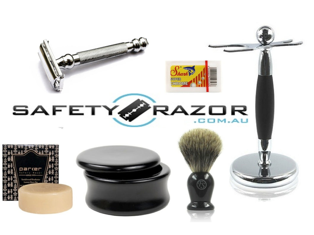 Parker 99R Safety Razor, Blades, Stand, Wooden Bowl, Soap and Badger Hair Brush