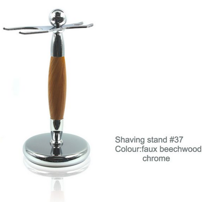Chrome and Faux Beach Wood Shaving Brush and Safety Razor Stand